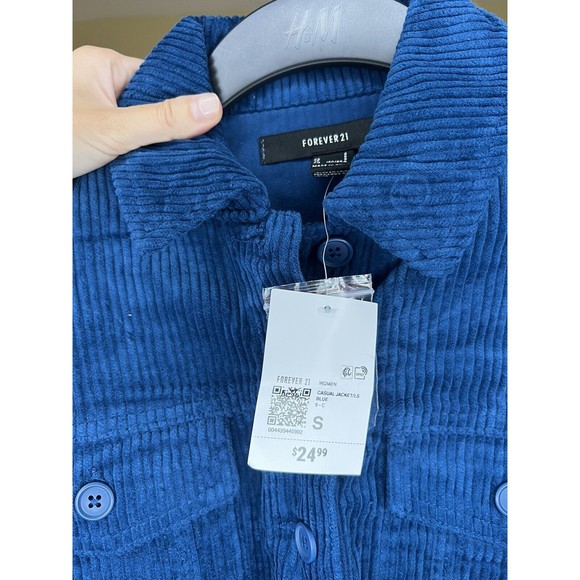 Forever 21 Women's Cropped Button Down Long Sleeve Corduroy Jacket Size S Blue - Picture 3 of 3